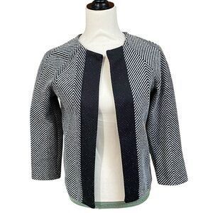 H&M Black White Chevron Knit Jacket Open Front 3/4 Sleeve Size 4 Monochrome